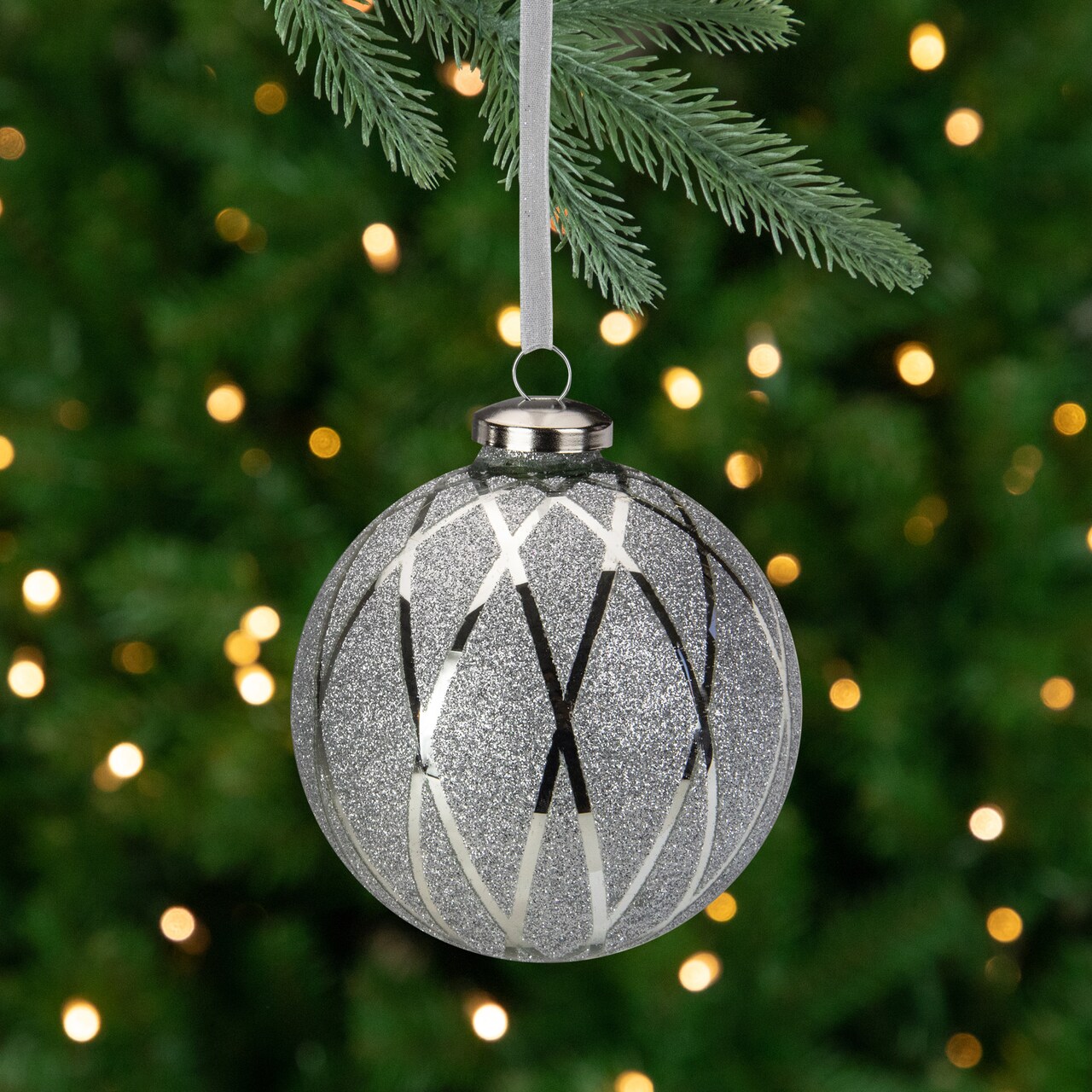 Northlight Argyle Glittered Christmas Glass Ball Ornament - 4" - Silver